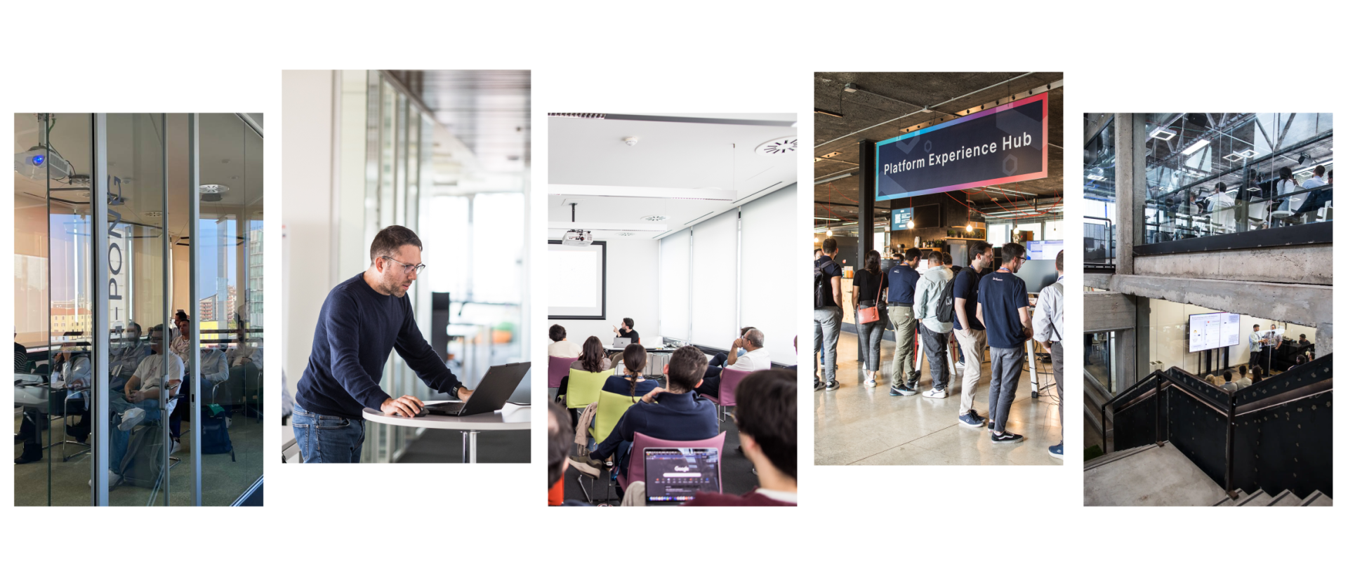 Photo collage of Mia‑Platform Expert Program moments: team meetings, focused work, a training session, and the Platform Experience Hub