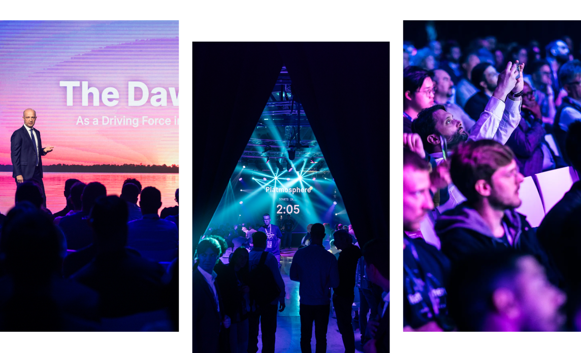 Mia‑Platform community members on stage and in the audience at a company conference