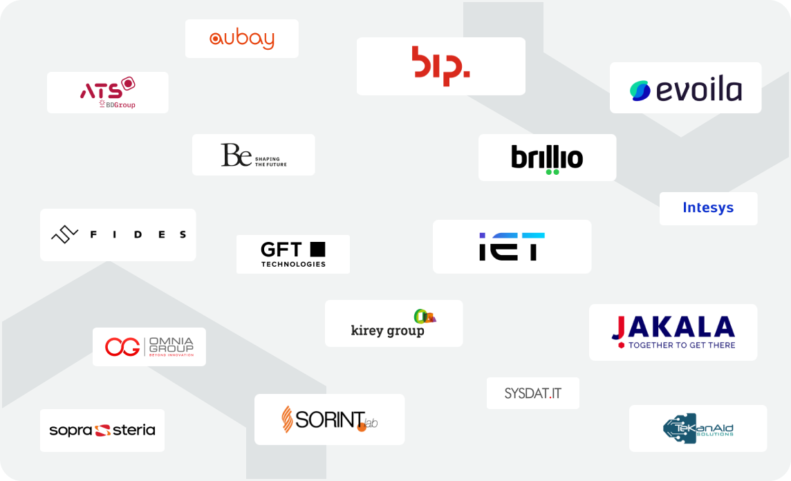 Logos of System Integrator partners including GFT, Sorint, Jakala, Sopra Steria and Kirey Group