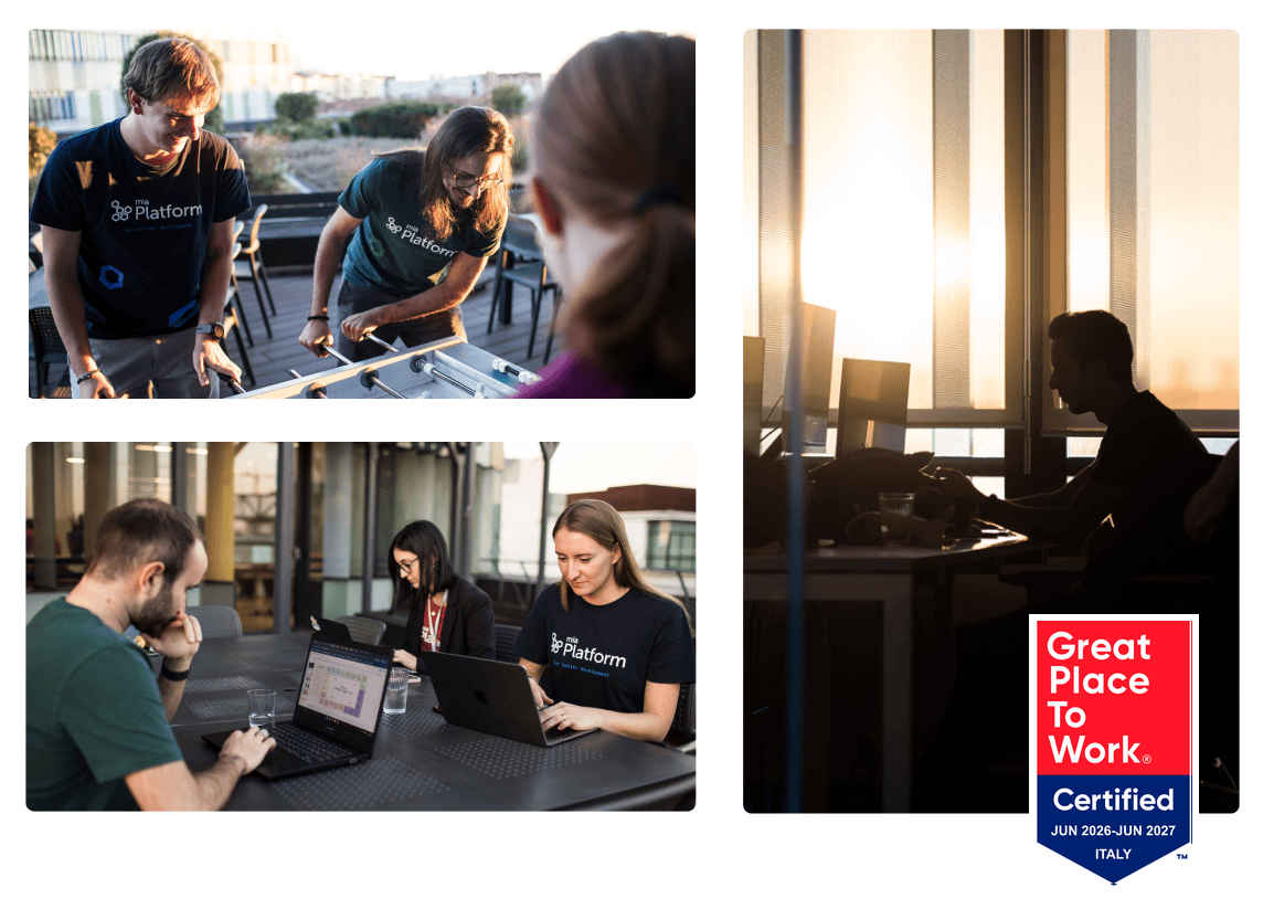 Momenti di vita in Mia‑Platform: colleghi che giocano a calciobalilla su una terrazza, un gruppo al lavoro sui laptop, uno sviluppatore alla scrivania al tramonto, e il badge Great Place To Work Certified (Italia, 2026–2027)